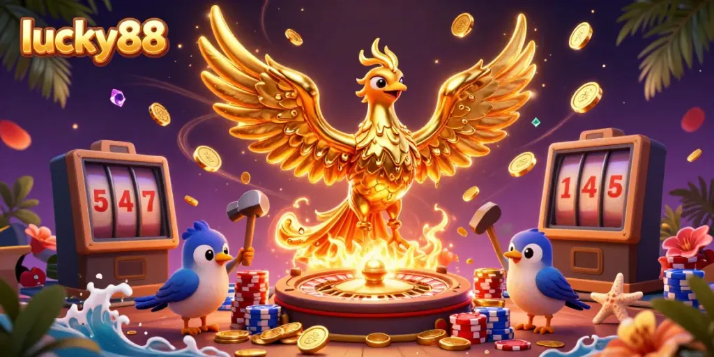 Experience the excitement of lucky88 with cascading coins and golden phoenix in a vibrant casino scene.