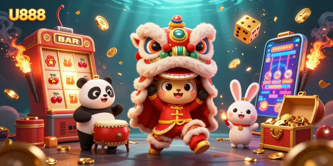 Immerse yourself in U888's vibrant casino world featuring a lively lion dance alongside winning slot machines.