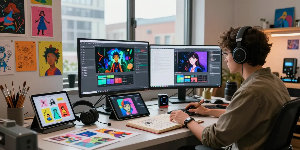 Vibrant NSFW AI content creation scene showcasing artist engaged in development