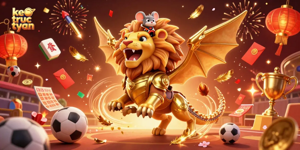 Exciting scene showcasing keo truc tuyen with a chimera creature and mouse jockey in action amidst floating sports elements.