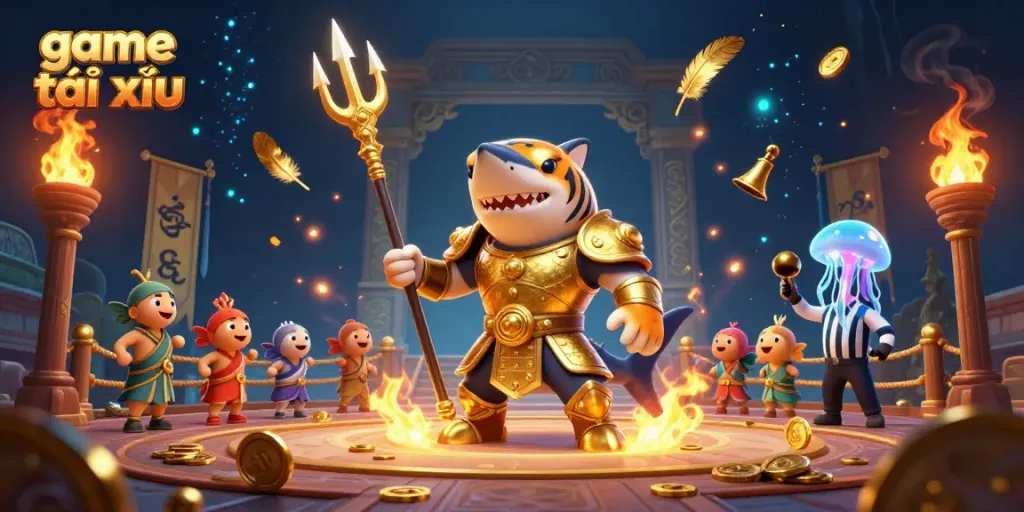 Experience the thrill of game tài xỉu in an action-packed underwater colosseum with a tiger shark and cheering fish.