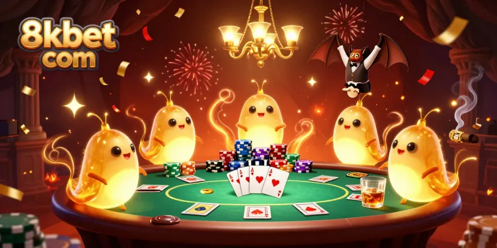 Join the excitement at 8xbet com with vibrant casino gaming, illuminated by glowing characters.