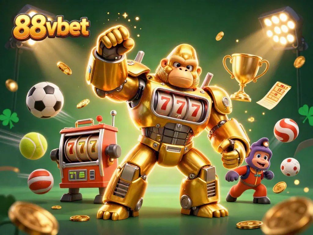 88vbet enhances excitement with a dynamic 3D casino scene featuring sports and gaming elements.