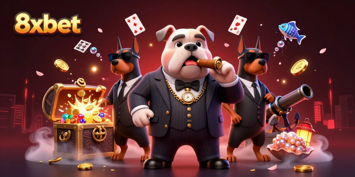 Engage in thrilling gameplay with 8xbet as a mafia bulldog leads two bodyguards through a vibrant casino adventure.