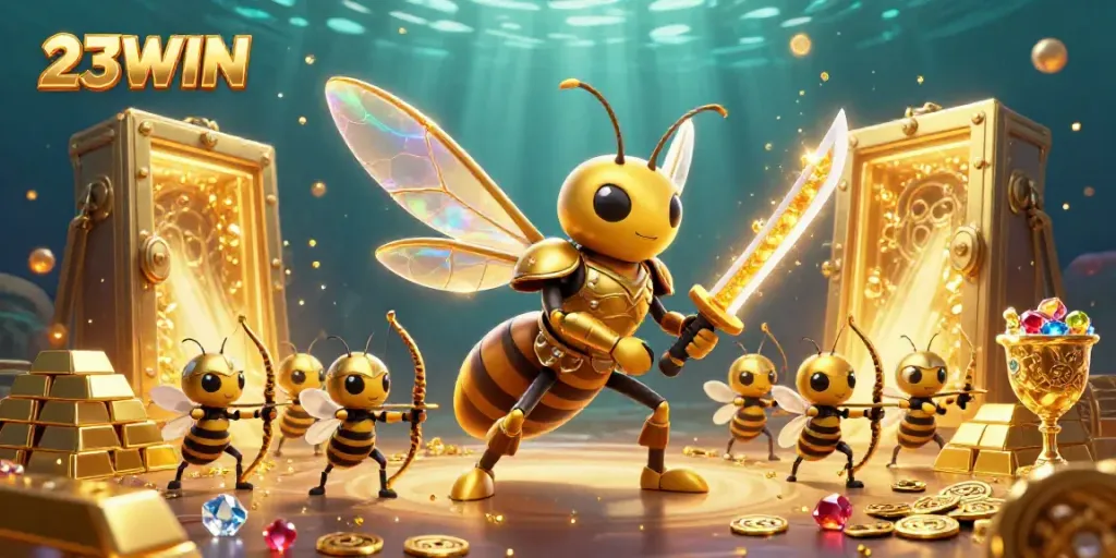 Experience the excitement of gaming with 23WIN in an ultra-detailed 3D casino scene featuring vibrant characters and treasures.