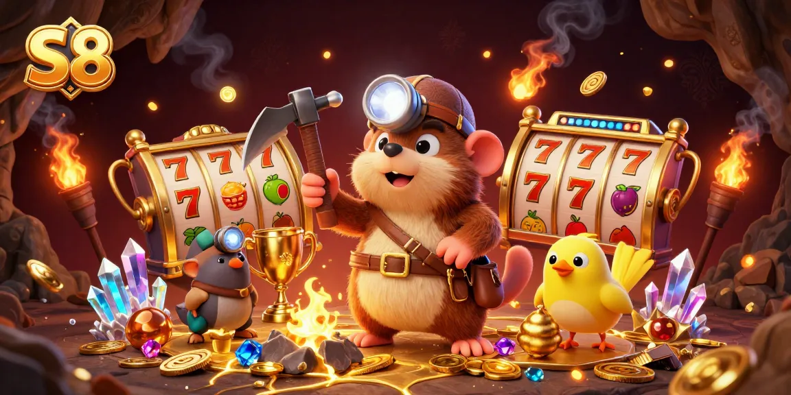 Join the action with S8 as the treasure hunter mole navigates a dazzling cave filled with gems and slot reels.