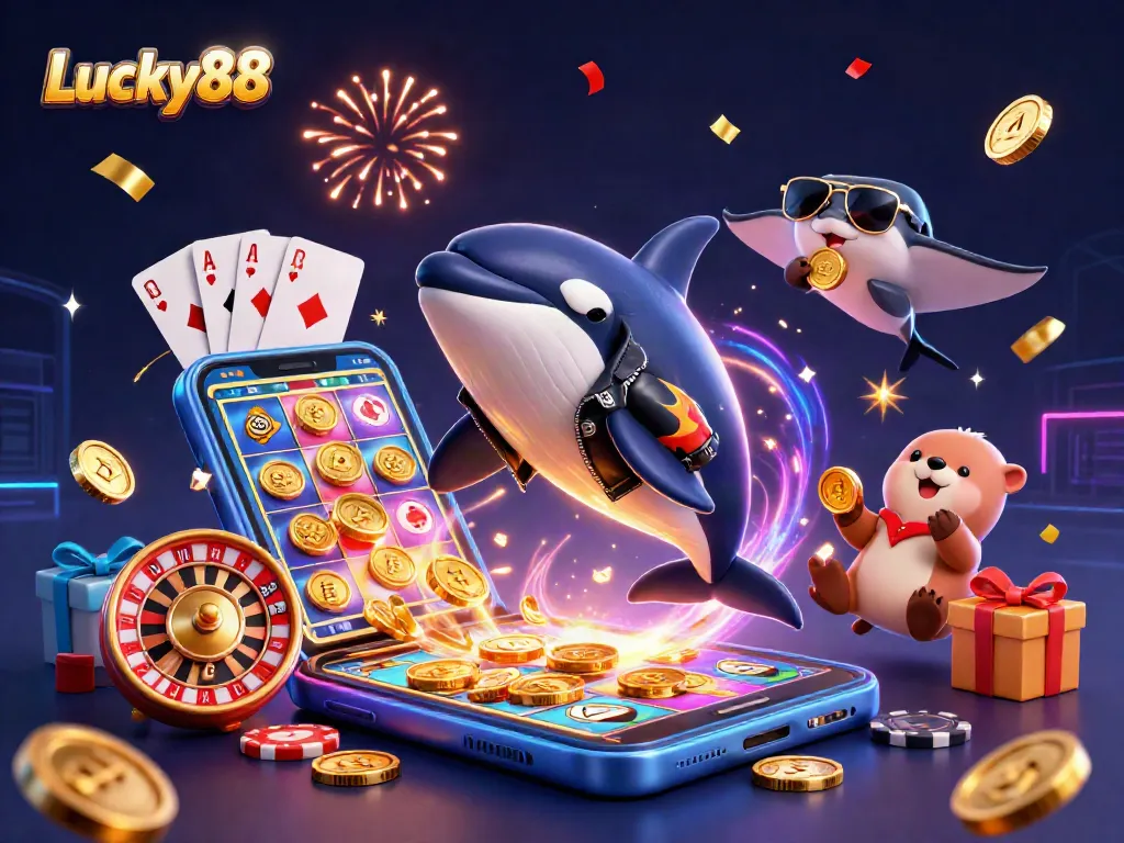 Experience thrilling adventures at Lucky88 with animated characters celebrating jackpot wins amidst festive gaming elements.