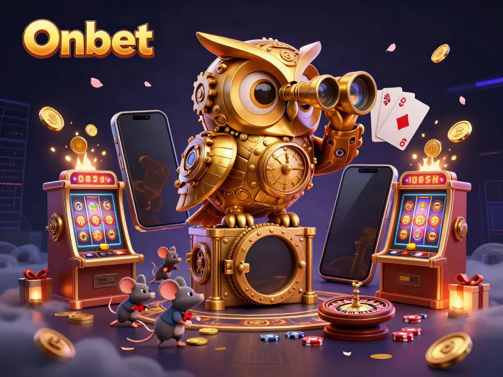 Onbet brings excitement to life with a golden owl, vibrant slot games, and playful mouse patrons.