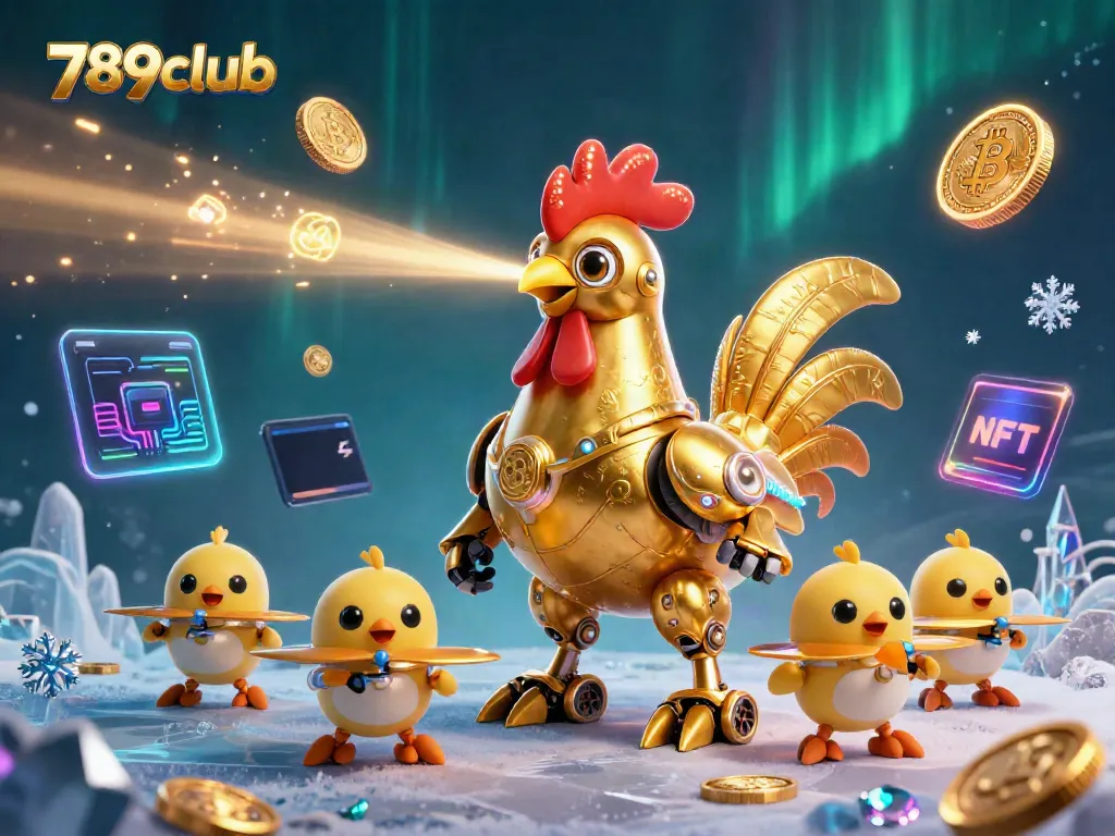 Engage in thrilling gameplay with 789club as a futuristic golden rooster unleashes energy in a vibrant casino scene.