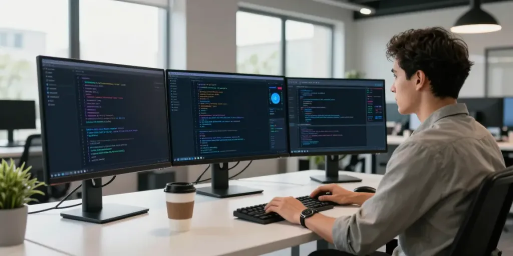 Focused developer engaging in Hyperliquid staking analysis with digital assets displayed on screens.