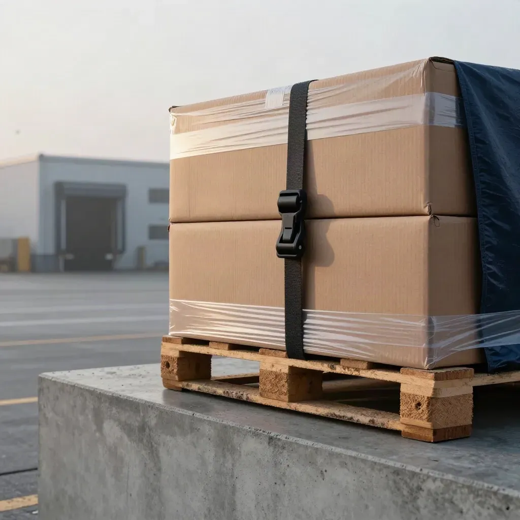 Wrapped pallets, cartons and a ratchet strap on concrete in misty dawn dock light