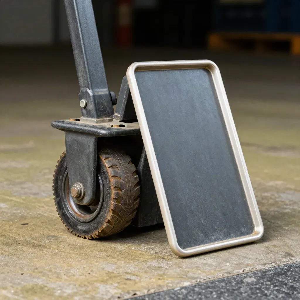 Pallet-jack wheel, scanner cradle, and edge protector in a dramatic warehouse still life.