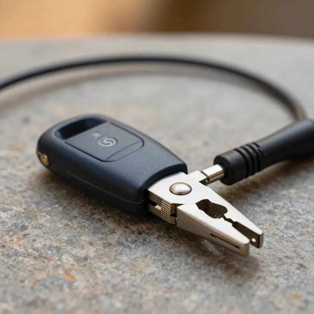 Macro still life of a courier key fob, parcel seal pliers, and coiled charging lead on grey stone.