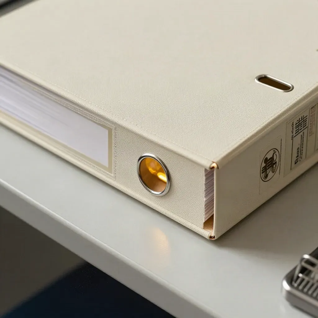 Closed logistics binder, steel clips and a dispatch seal on pale wood, with dark bokeh behind.