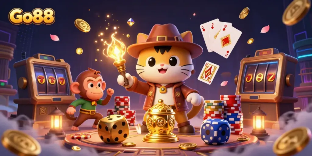 Experience exciting gameplay at Go88 with a thrilling discovery by a cat explorer and monkey companion.