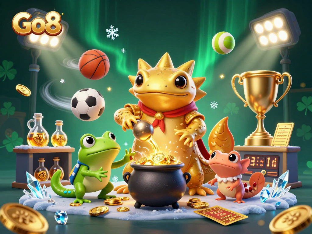 Engage with Go8's thrilling gaming experience, featuring a vibrant 3D casino scene of gold transmutation.