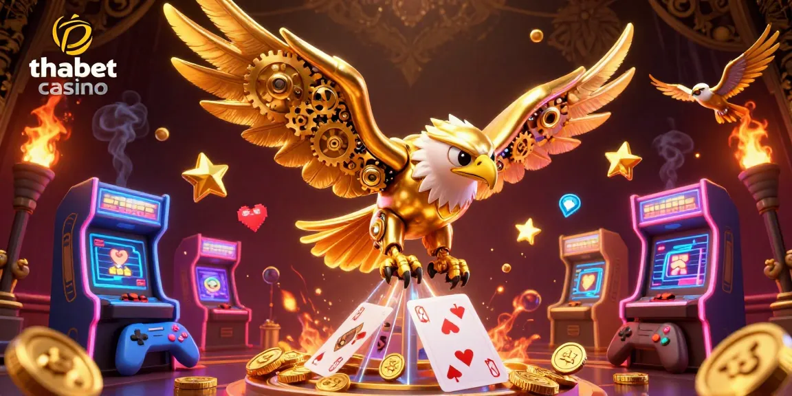 Experience the excitement of thabet casino with a vibrant 3D illustration showcasing games and characters.