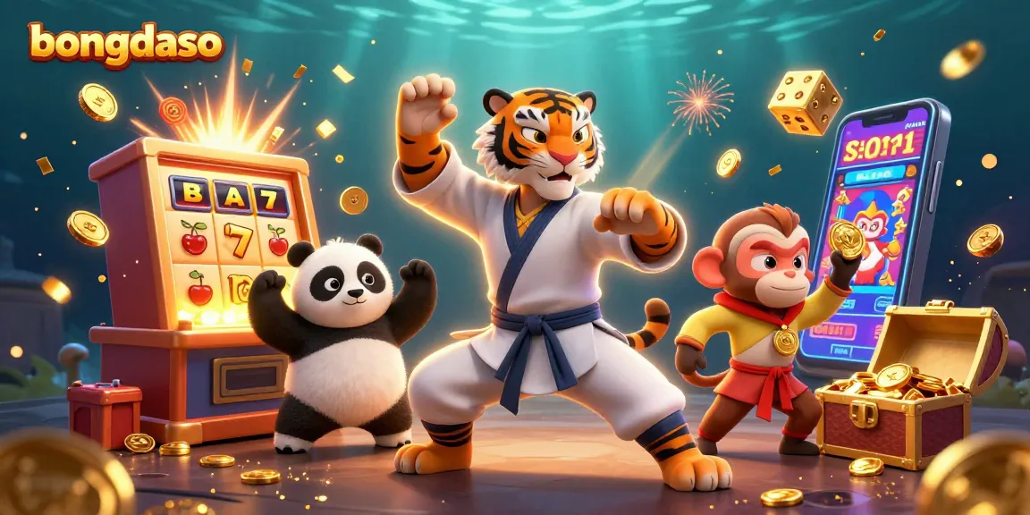 Spin the reels at bongdaso with a playful kung fu tiger surrounded by dynamic casino elements.