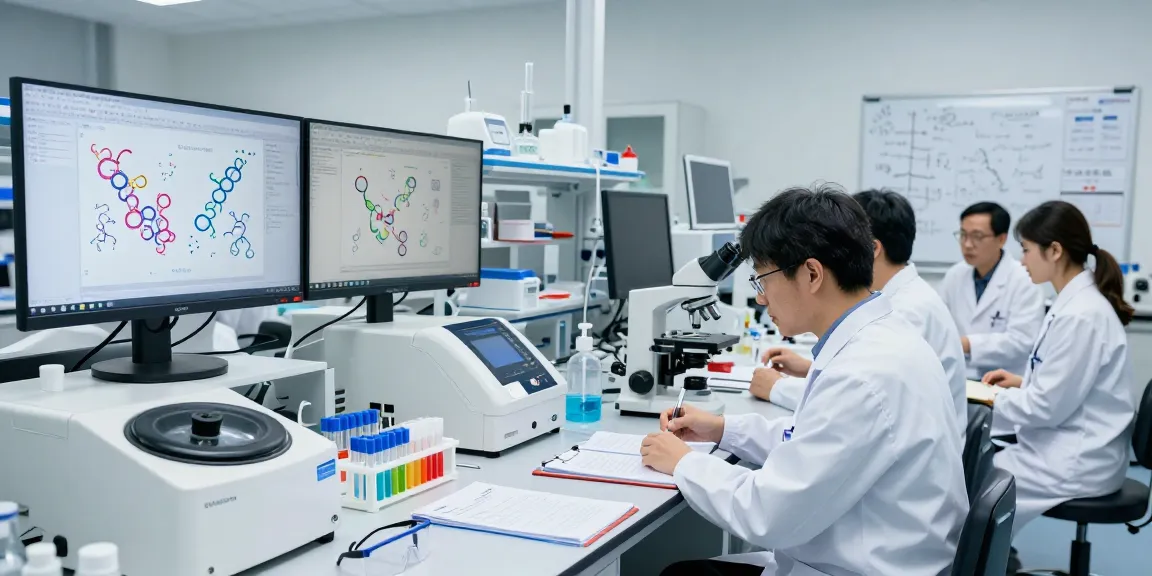 Biomedical researchers in lab studying glp-3-rt protein structures with monitors and equipment.