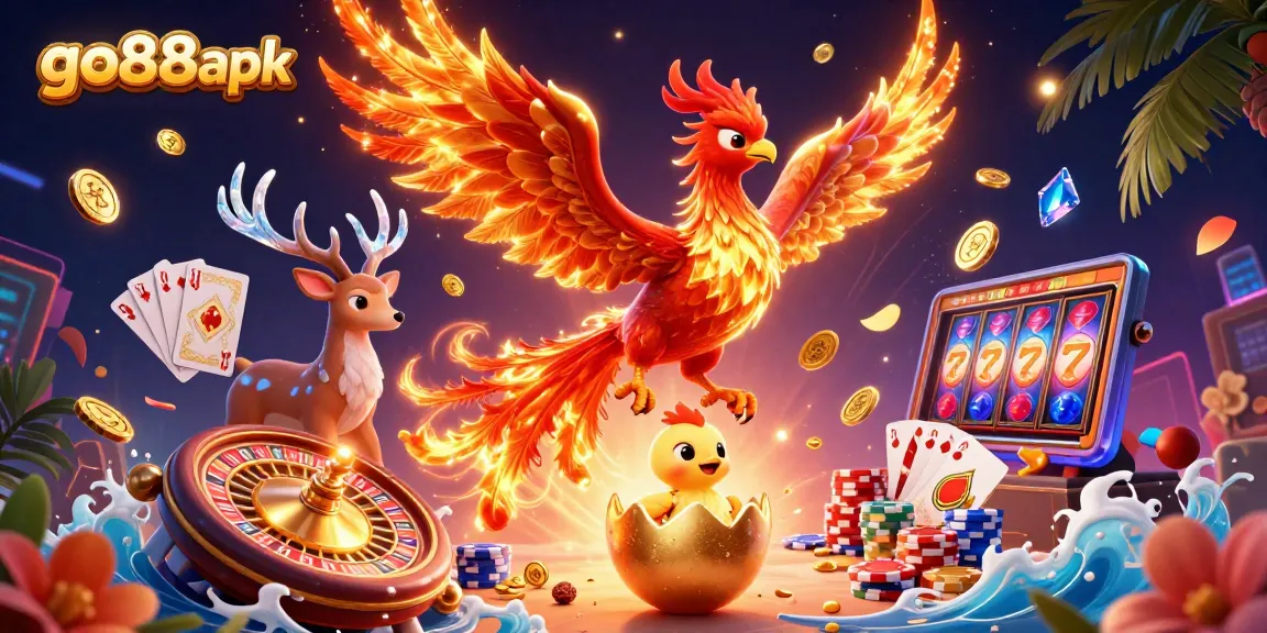 Experience the thrill of go88apk with a vibrant illustration of a phoenix, casino elements, and dazzling gems.