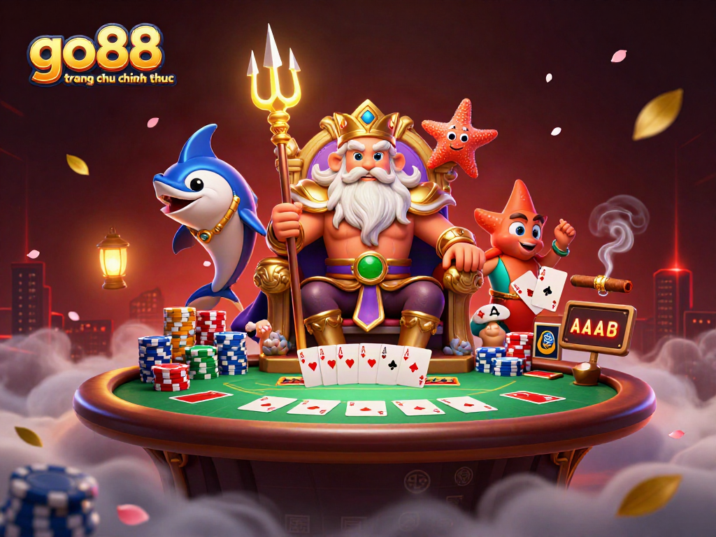Engage with go88 trang chu chinh thuc through a vibrant scene showcasing a 3D cartoon sea king and poker elements.