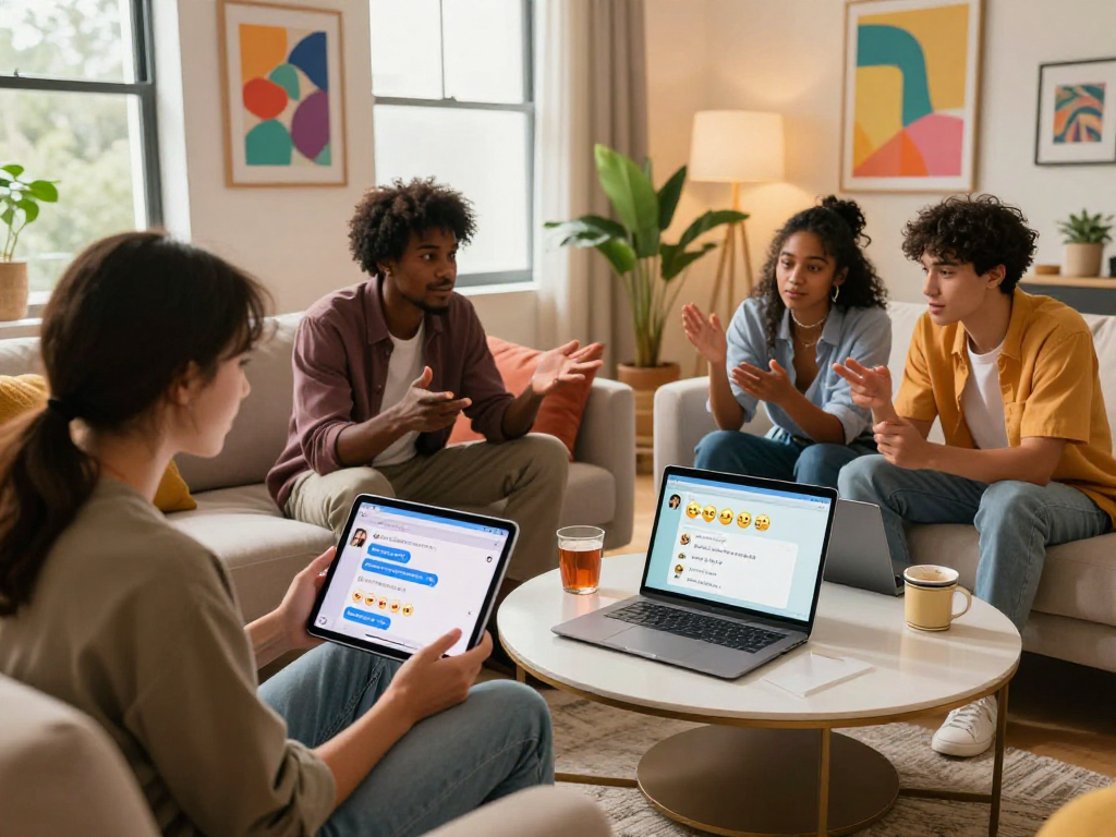 NSFW AI chat session showcasing diverse young adults discussing on digital devices in a vibrant atmosphere.
