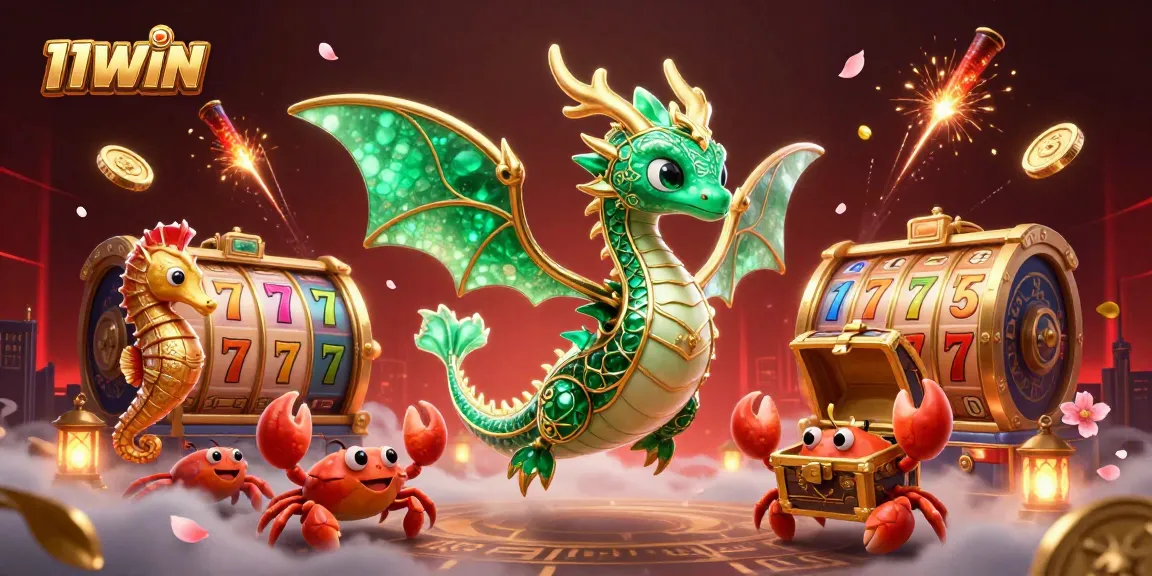 Engage with the vibrant 11WIN scene featuring a mythical dragon amidst casino excitement and winning elements.