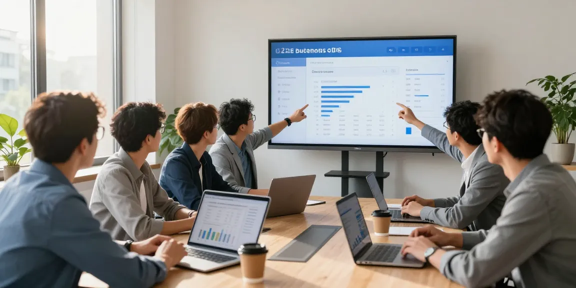 Diverse team in modern office discussing O2 account business strategy with analytics on screen.