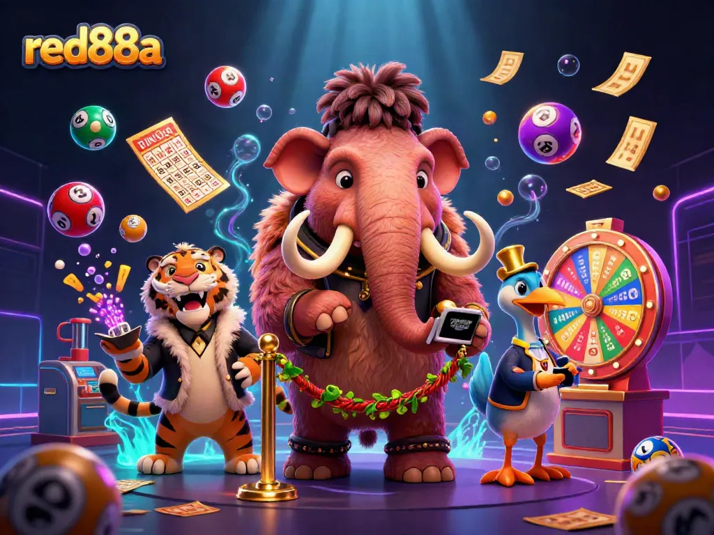 Engage with red88a's vibrant 3D illustration showcasing a casino scene filled with lottery elements and unique characters.