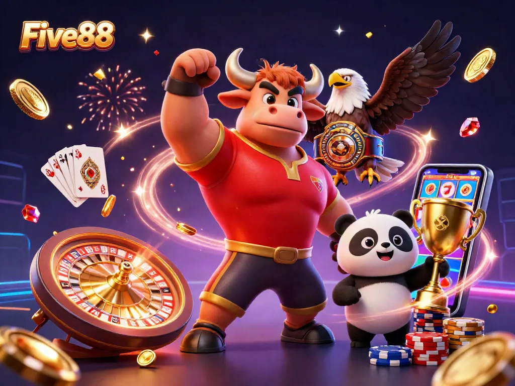 Unleash the excitement at Five88 with vibrant characters celebrating casino wins amidst floating treasures.