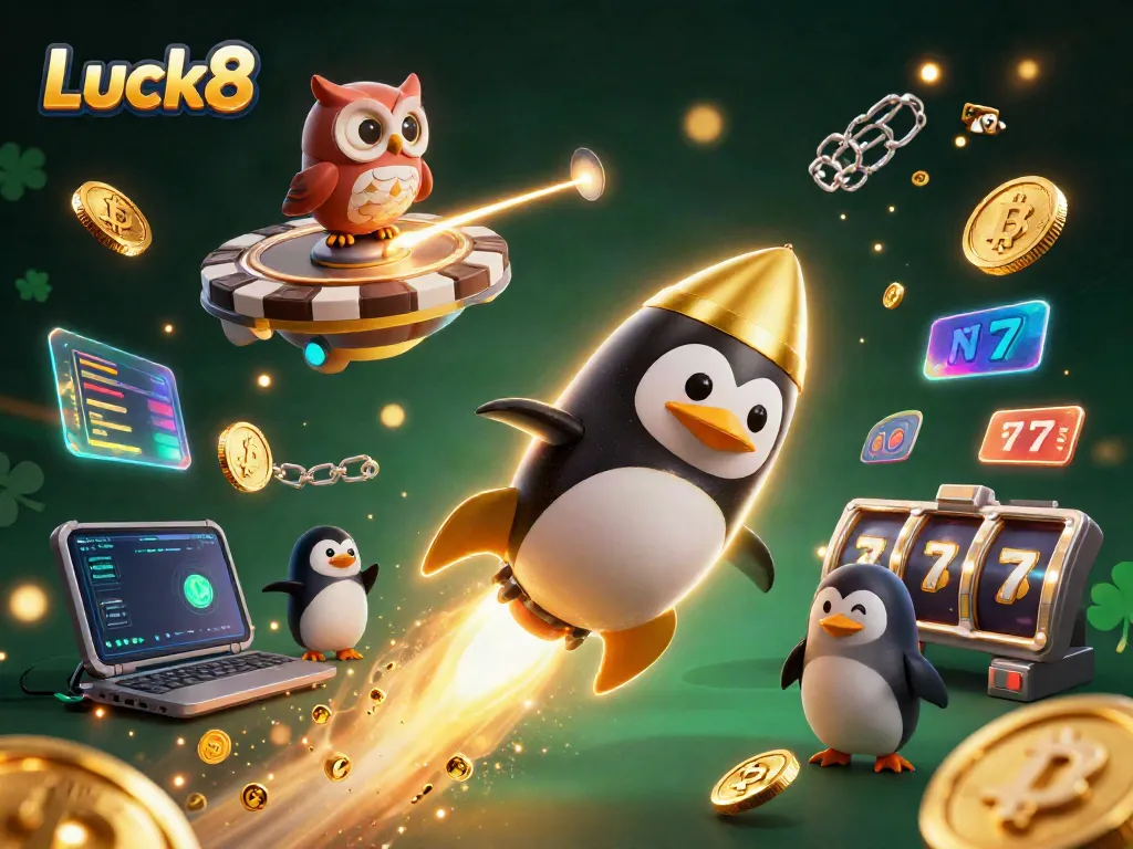 Win big at Luck8 with the adventurous penguin racing through a vibrant casino space scene.