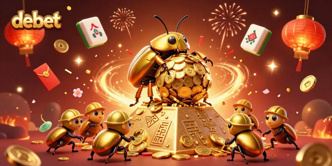 Experience the excitement of debet casino with golden beetles and festive symbols in a 3D scene.