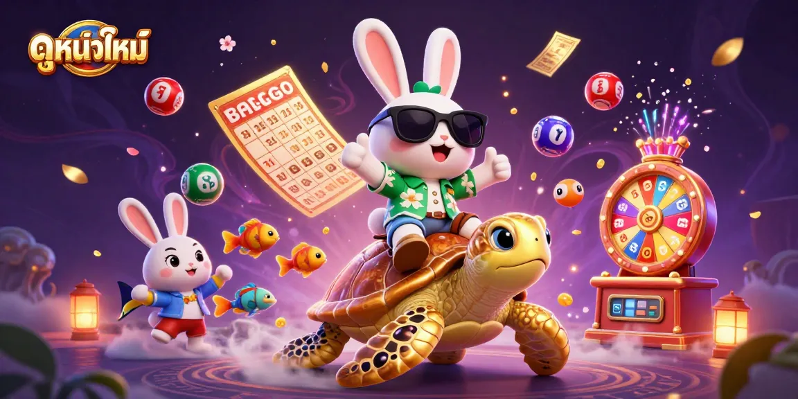 Play ดูหนังใหม่ with the lucky rabbit and golden turtle, surrounded by vibrant lottery elements.