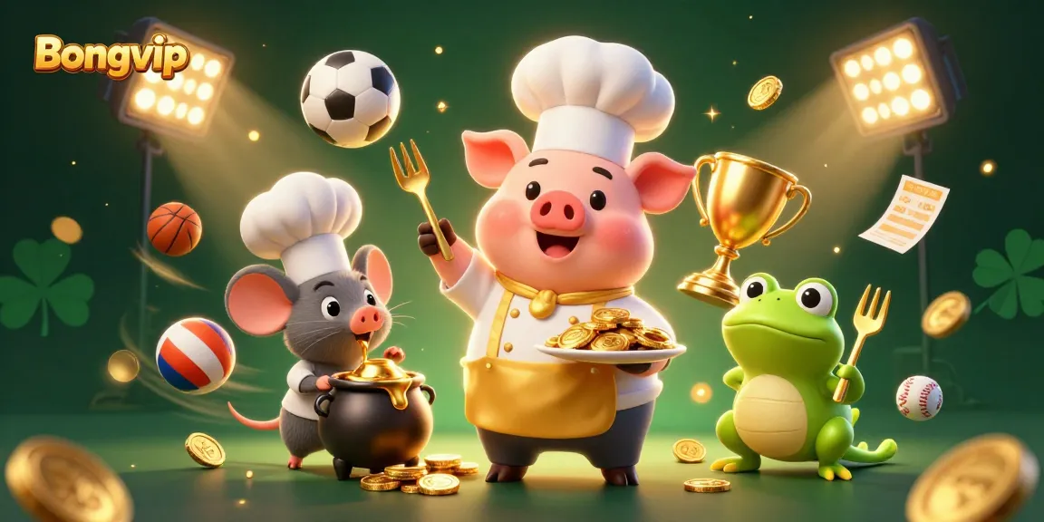 Bongvip players enjoy thrilling sports betting with a lively chef pig, mouse, and frog featuring gold coins and betting slips.