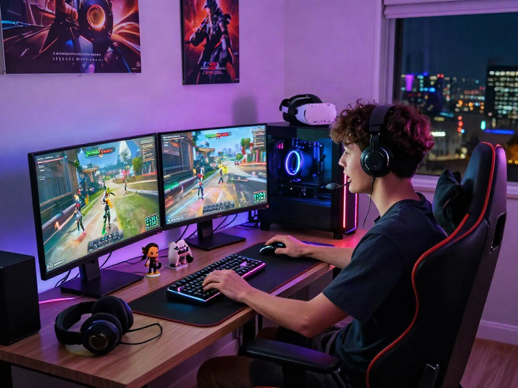 A young adult immersed in a sex simulator game on a gaming PC, surrounded by colorful LED lights and gaming accessories.