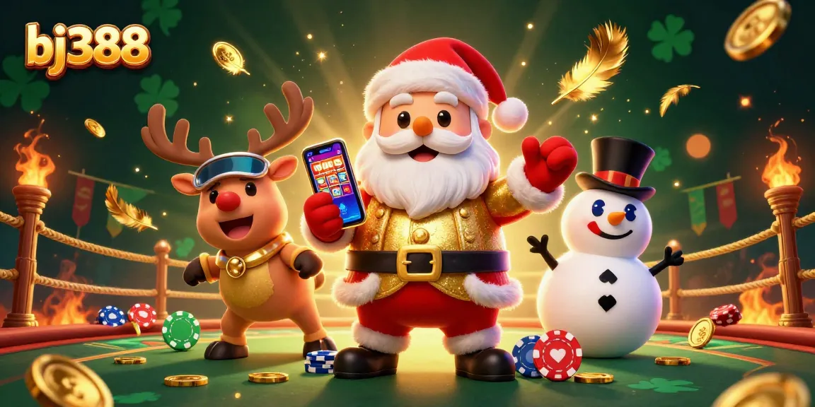 Catch big wins at bj388 with this vibrant casino scene featuring Santa, his reindeer, and a snowman.
