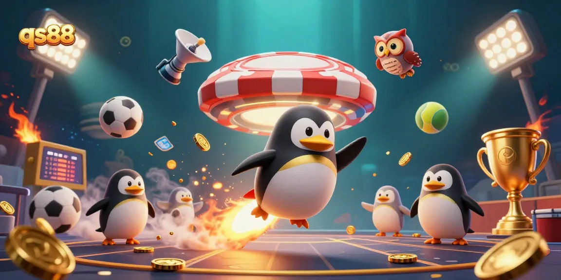 Experience thrilling gaming at qs88 with a golden penguin shooting through space towards a casino.