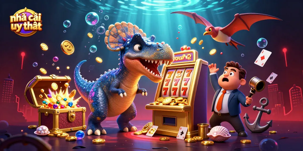 Engaging scene showcasing a dinosaur interacting with a slot machine, representing the concept of nhà cái uy tín through playful design.