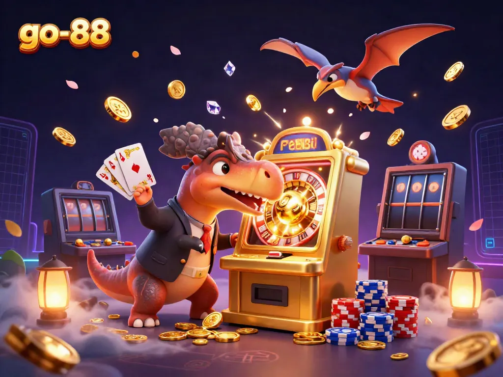 Experience go-88 excitement as a dinosaur hits the jackpot at a vibrant casino scene with flying coins.
