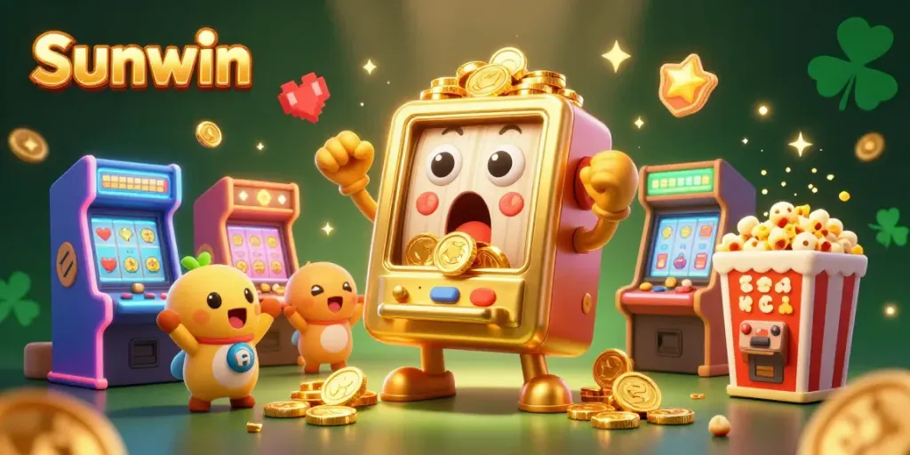 Sunwin slot machine jackpot scene with vibrant arcade elements and cheering characters
