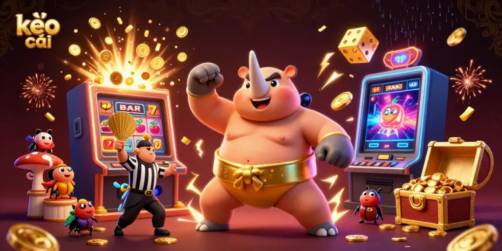Experience kèo nhà cái with a sumo champion beetle surrounded by thrilling casino elements.