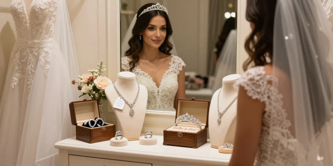 Bridal jewellery for wedding day displayed in boutique with bride admiring diamond tiara.