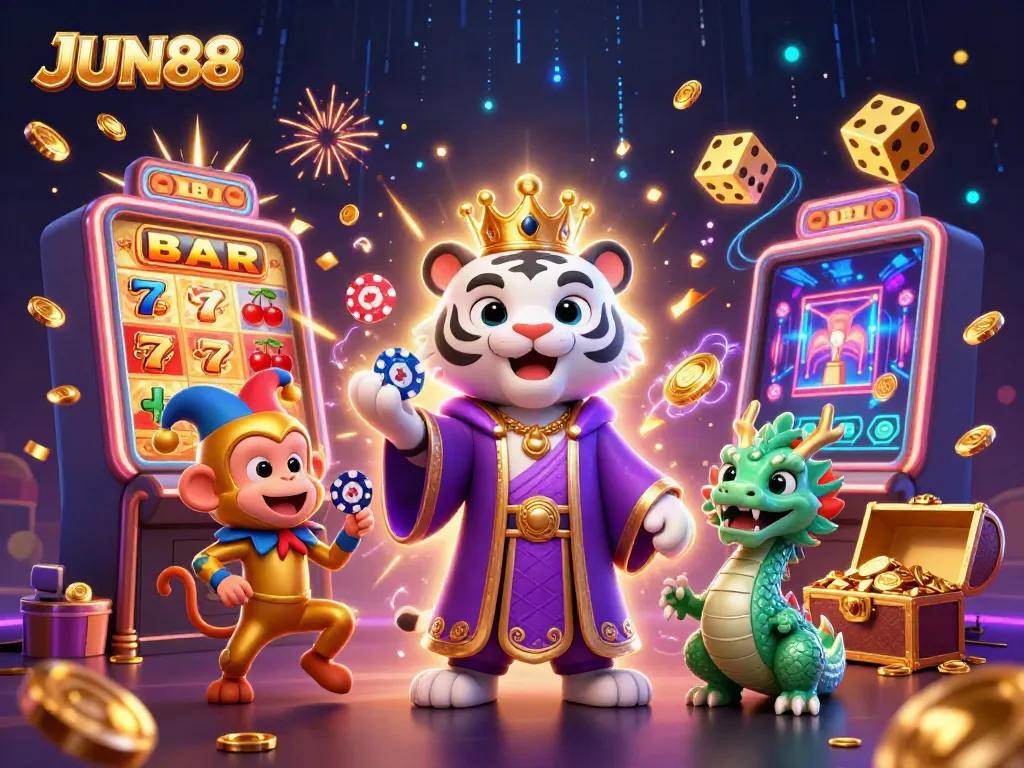 JUN88 showcases a vibrant casino scene with a royal tiger, jester monkey juggling, and a jade dragon amidst dynamic gaming elements.