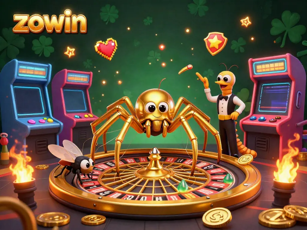 Engage with the lively casino atmosphere of zowin, featuring a unique roulette wheel web spun by a golden spider.