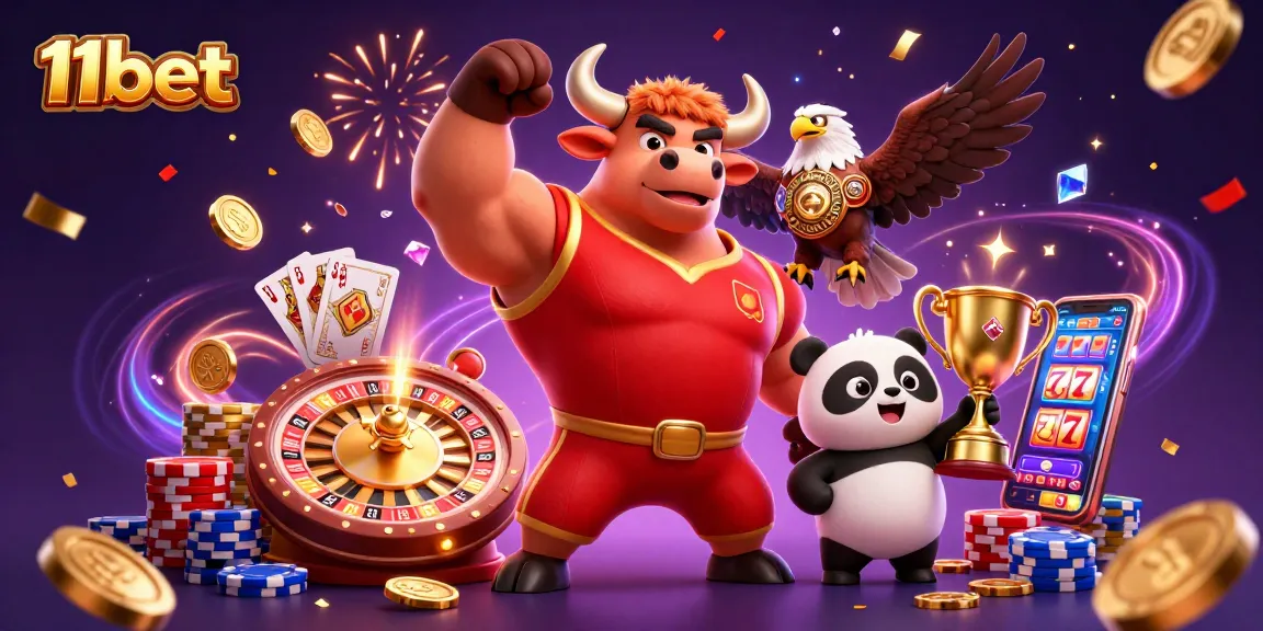 Win big with 11bet in a dynamic casino scene featuring a muscular bull and cheerful panda.
