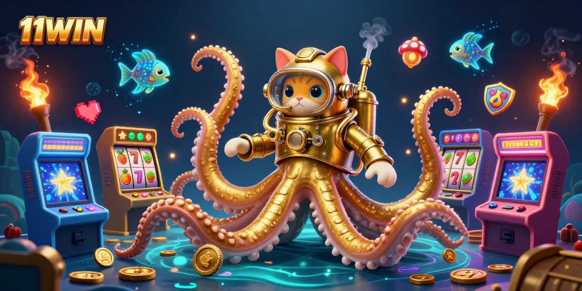 Engage with 11WIN's vibrant 3D kraken and diving cat amid casino slots, full of action and excitement.