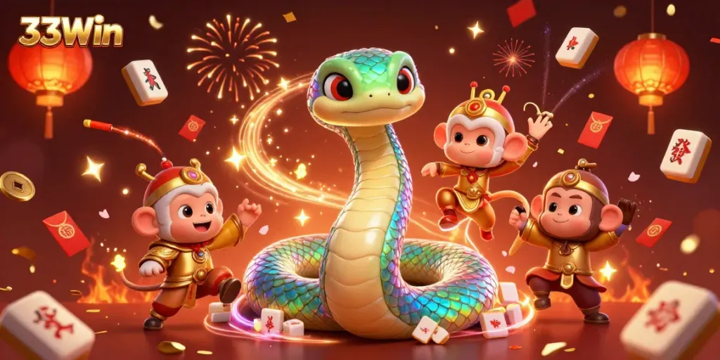 Experience the excitement of 33Win with a vibrant 3D illustration showcasing dynamic gaming elements and characters.