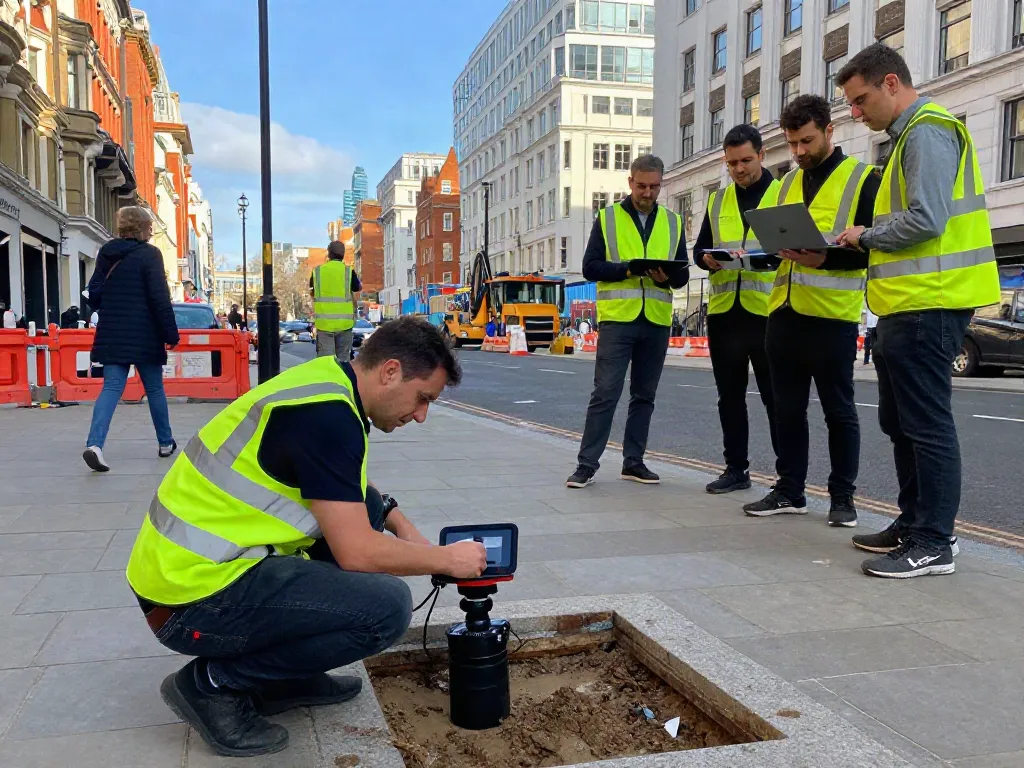 GPR Utility Survey London showcasing surveyor using radar device in busy urban environment