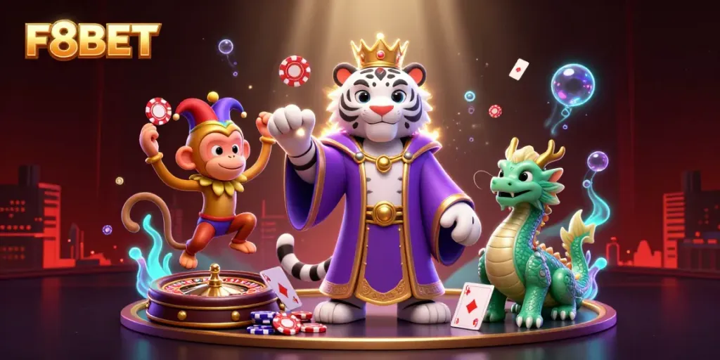 F8BET engages players with thrilling casino experiences featuring a lively scene of characters surrounded by colorful game elements.
