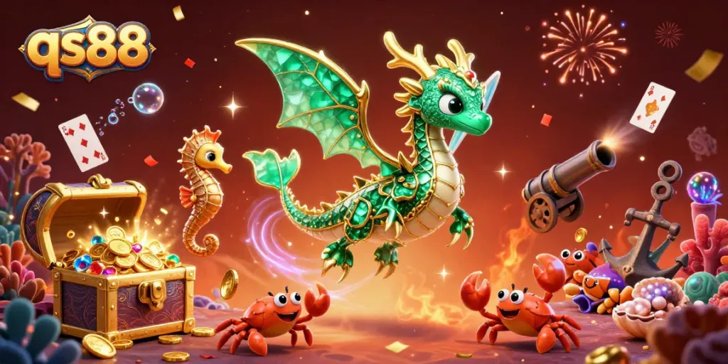 Engage with qs88's thrilling gaming scene featuring a royal seahorse and treasure-chasing crabs.